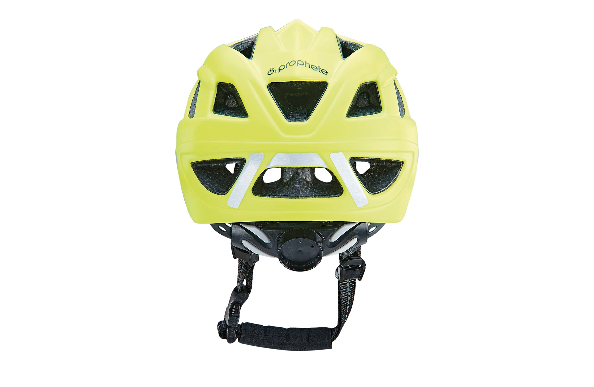 Kinderfahrradhelm gelb - Ansicht von hinten auf weißem Grund