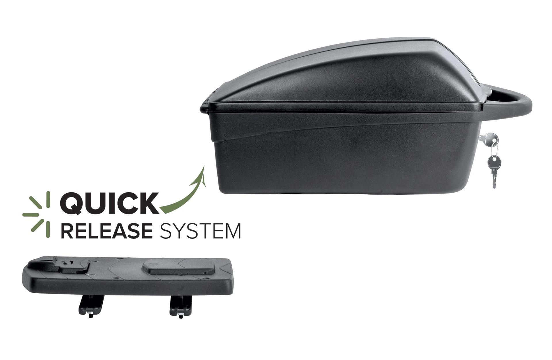 Quick Release bei der Gepäckbox mit Schlüssel und Schloss vor weißem Hintergrund