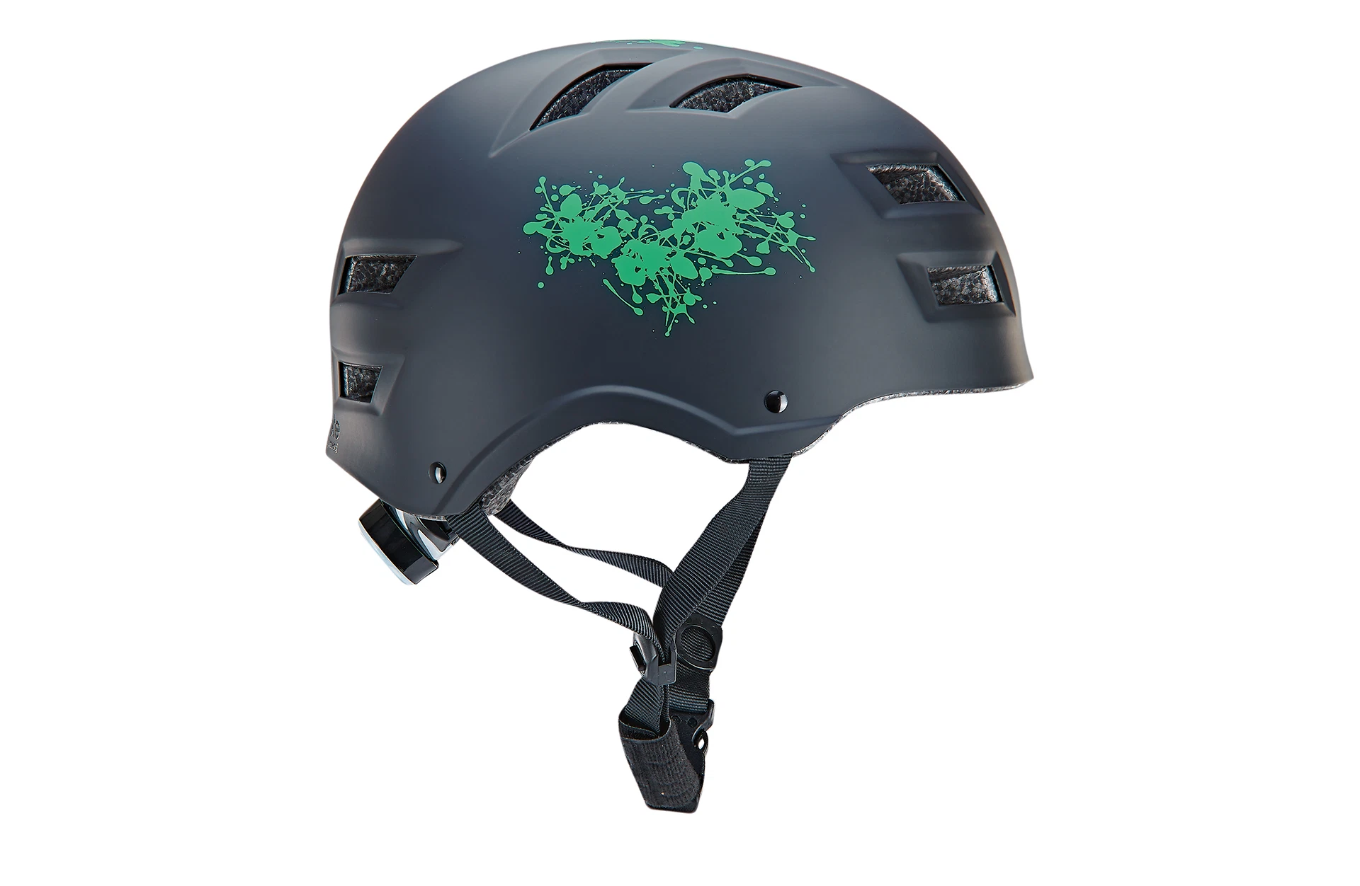 Fahrradhelm schwarz/grün - seitliche Ansicht auf weißem Grund