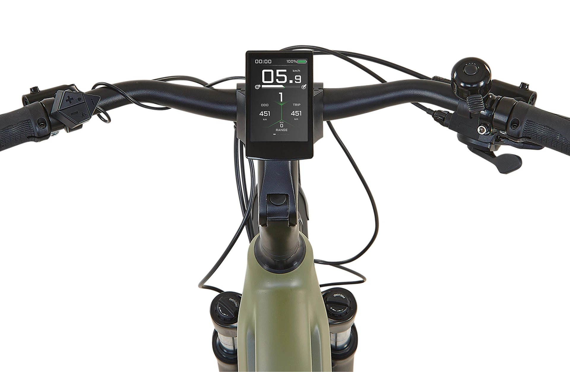 Bildausschnitt Detailansicht vollfarbiges TFT Display am Vorbau des Lenkers mit Klingel, Bedieneinheit, Schalthebel und Bremshebel vor weißem Hintergrund