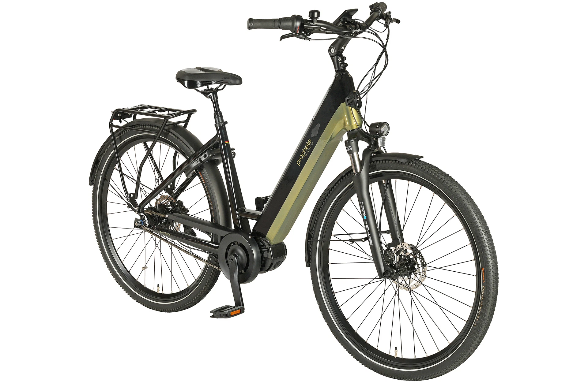 Geniesser 6.0 schwarz/grün City E-Bike - diagonale Ansicht auf weißem Grund