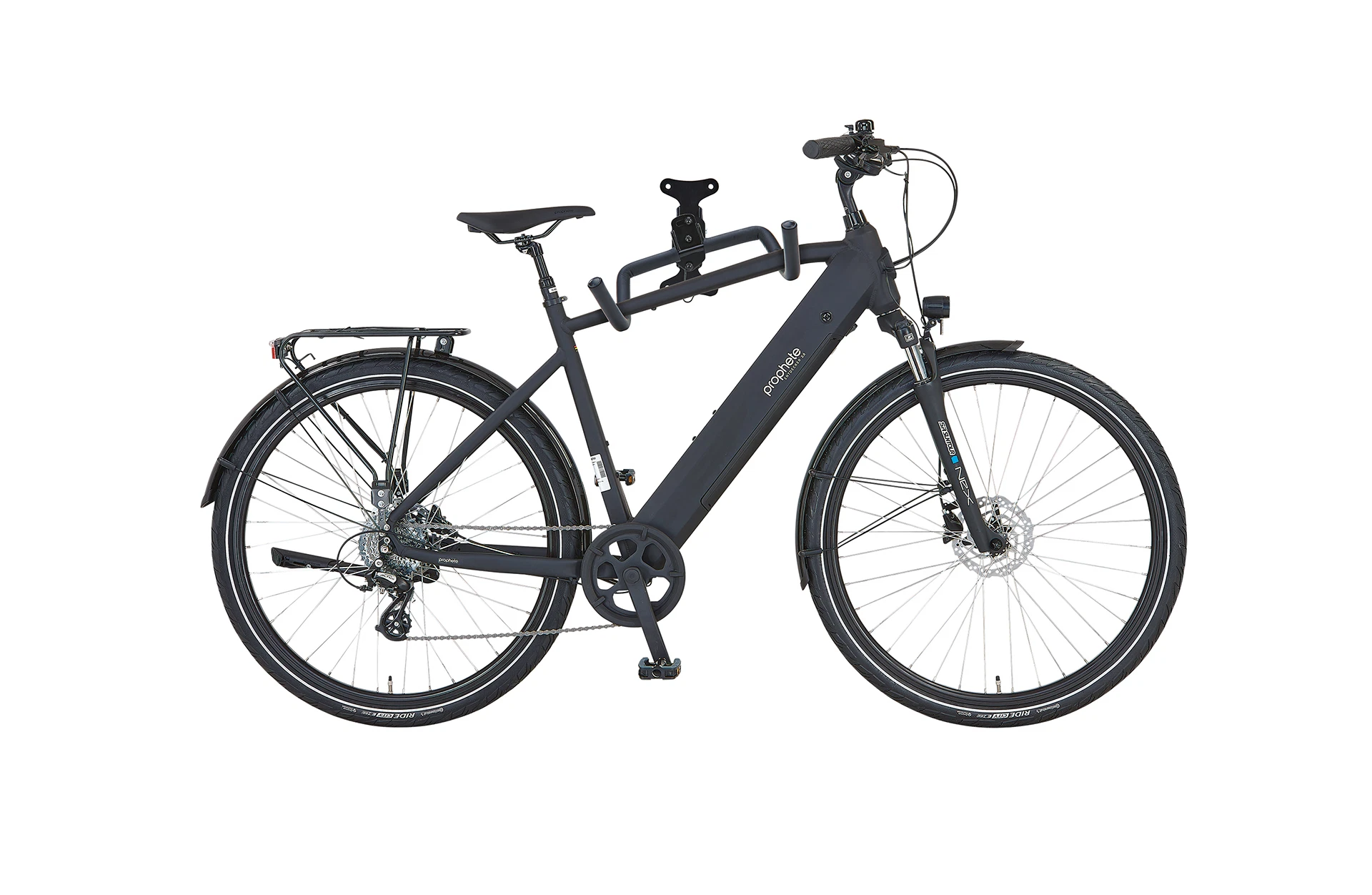 Wandhalterung mit Trekkingbike - Frontalansicht auf weißem Grund