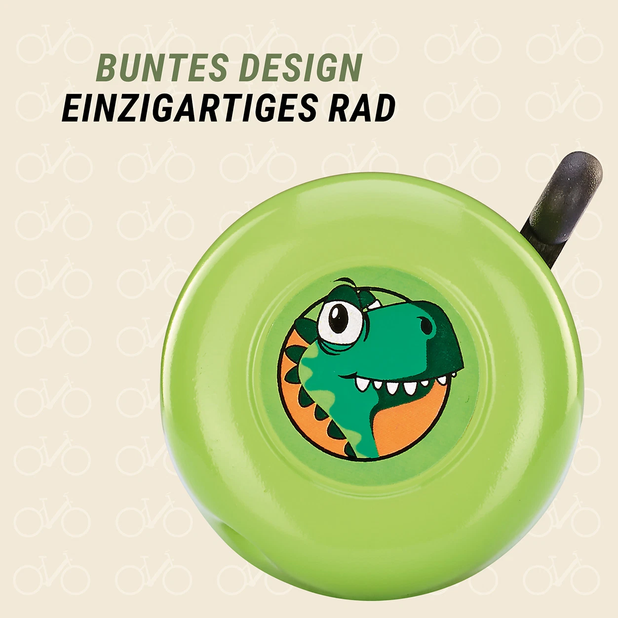 Fahrradklingel Dino buntes Design - diagonale Ansicht