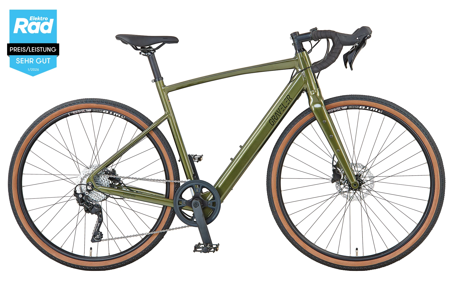 Vollansicht seitlich Prophete Graveler E-Gravelbike mit Diamantrahmen mit vollintegriertem Akku und Gravellenker vor weißem Hintergrund