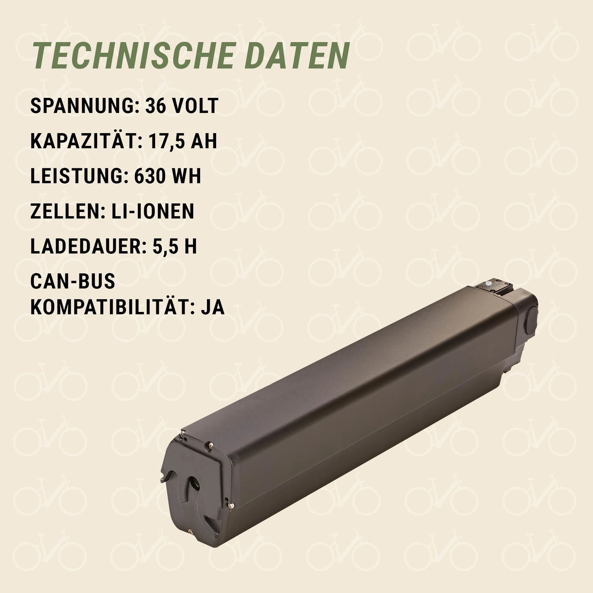 E-Bike Akku technische Daten 17,5 Ah - diagonale Ansicht