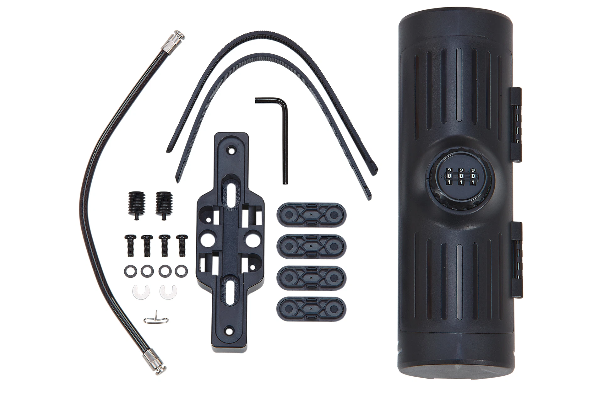 Ausgebreiteter Lieferumfang mit Bikesafe, Schrauben, Kabeln, Werkzeug und Befestigungsmaterialien vor weißem Hintergrund