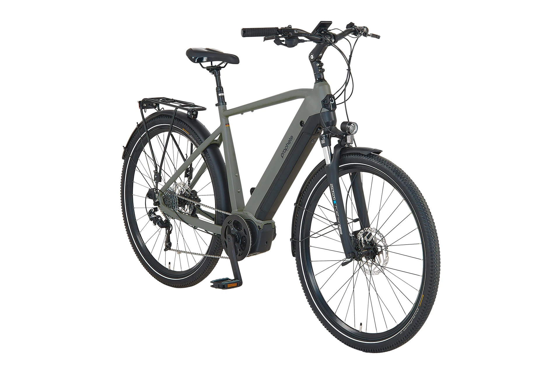 Vollansicht diagonal Prophete Entdecker 4.0 Trekking E-Bike mit vollintegriertem Akku im Diamantrahmen vor weißem Hintergrund