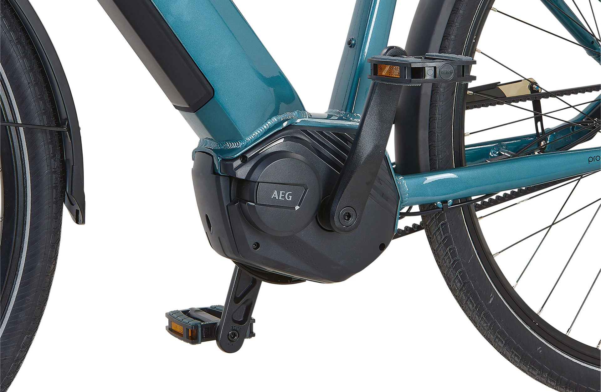 Geniesser 5.0 blau City E-Bike -Detailansicht Motor auf weißem Grund
