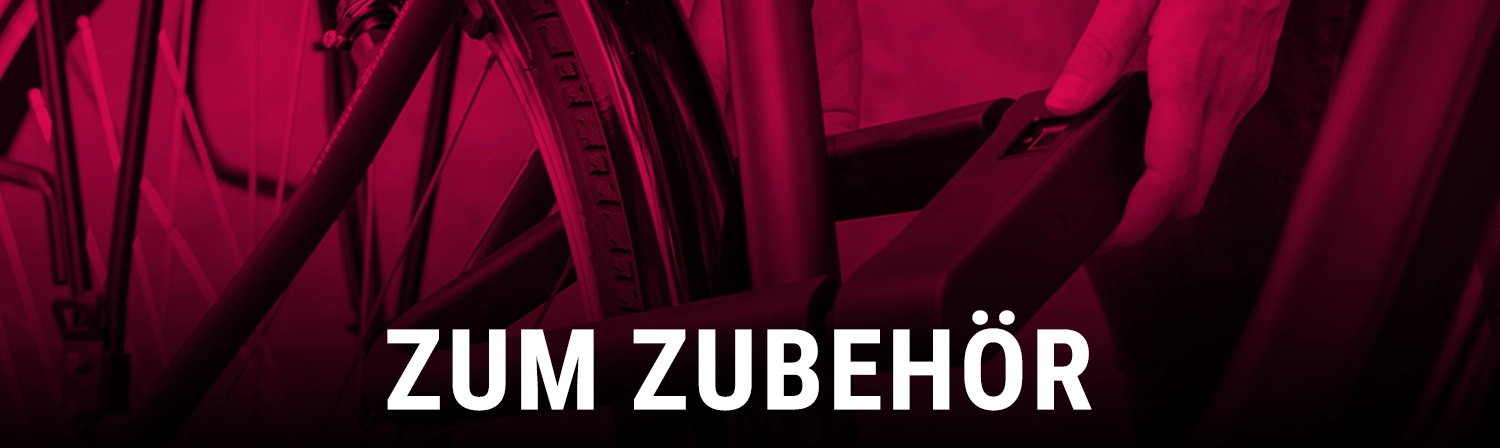 Fahrradschloss am Fahrrad im Hintergrund, im Vordergrund steht der Text ‚Zum Zubehör‘.