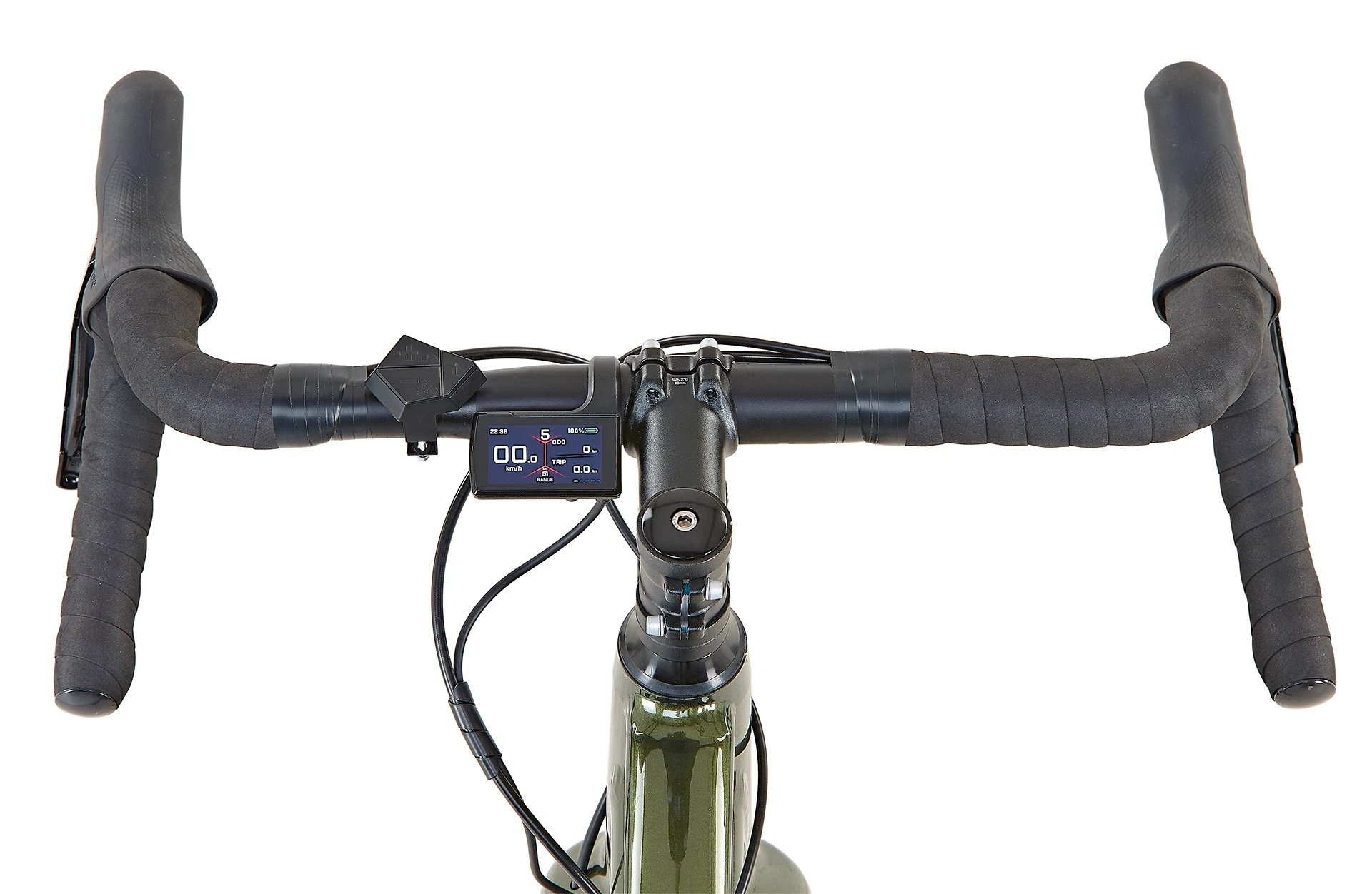 Bildausschnitt Lenkeransicht aus Fahrposition mit vollfarbigem TFT-Display und Bedieneinheit, sowie Lenkerband und Griffhörnchen mit Bremshebeln vor weißem Hintergrund