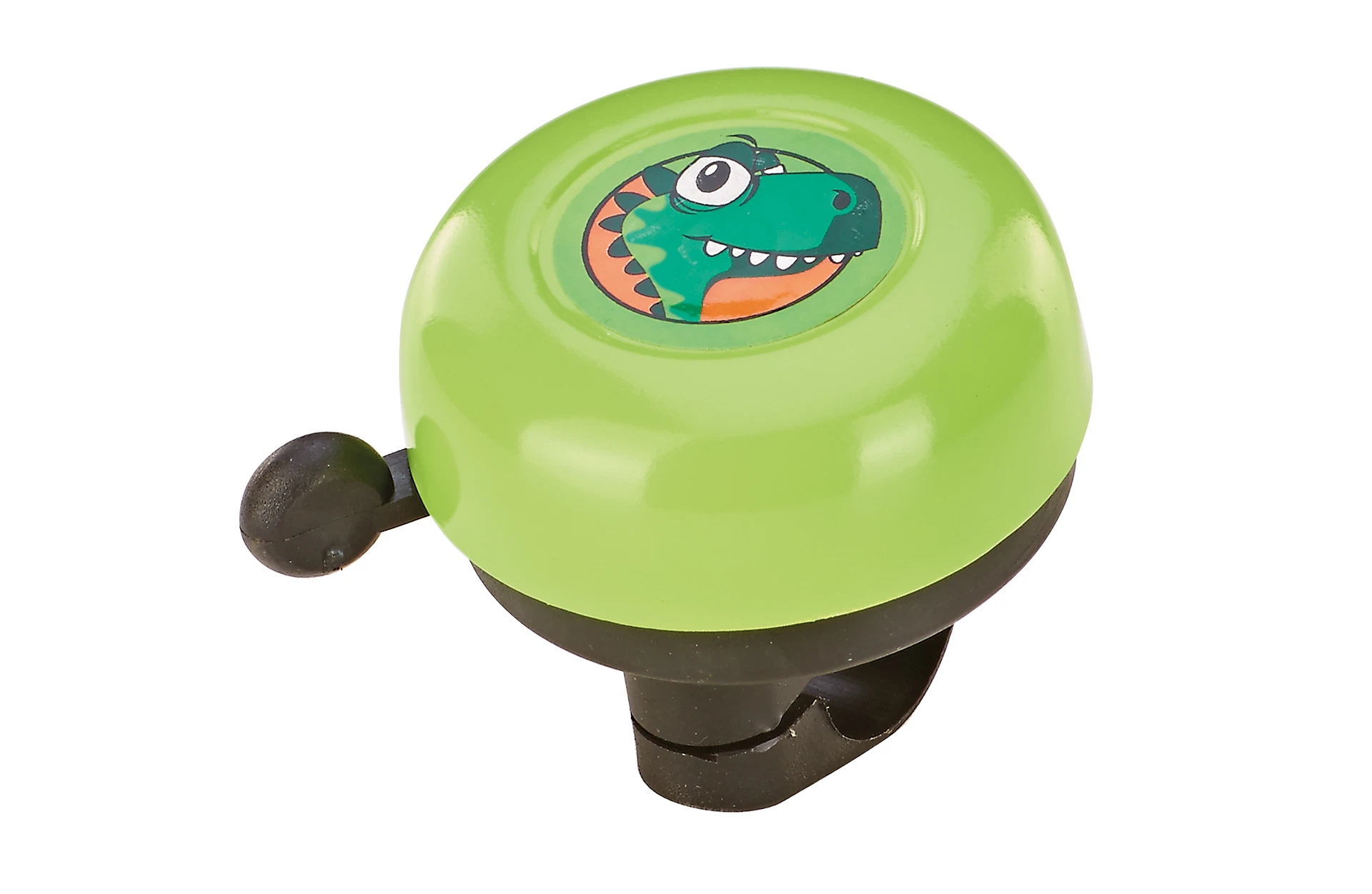 Klingel grün mit Dinomotiv - seitliche  Ansicht auf weißem Grund
