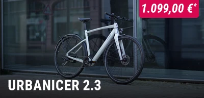 Urbanicer E-Bike vor moderner Glasfassade.