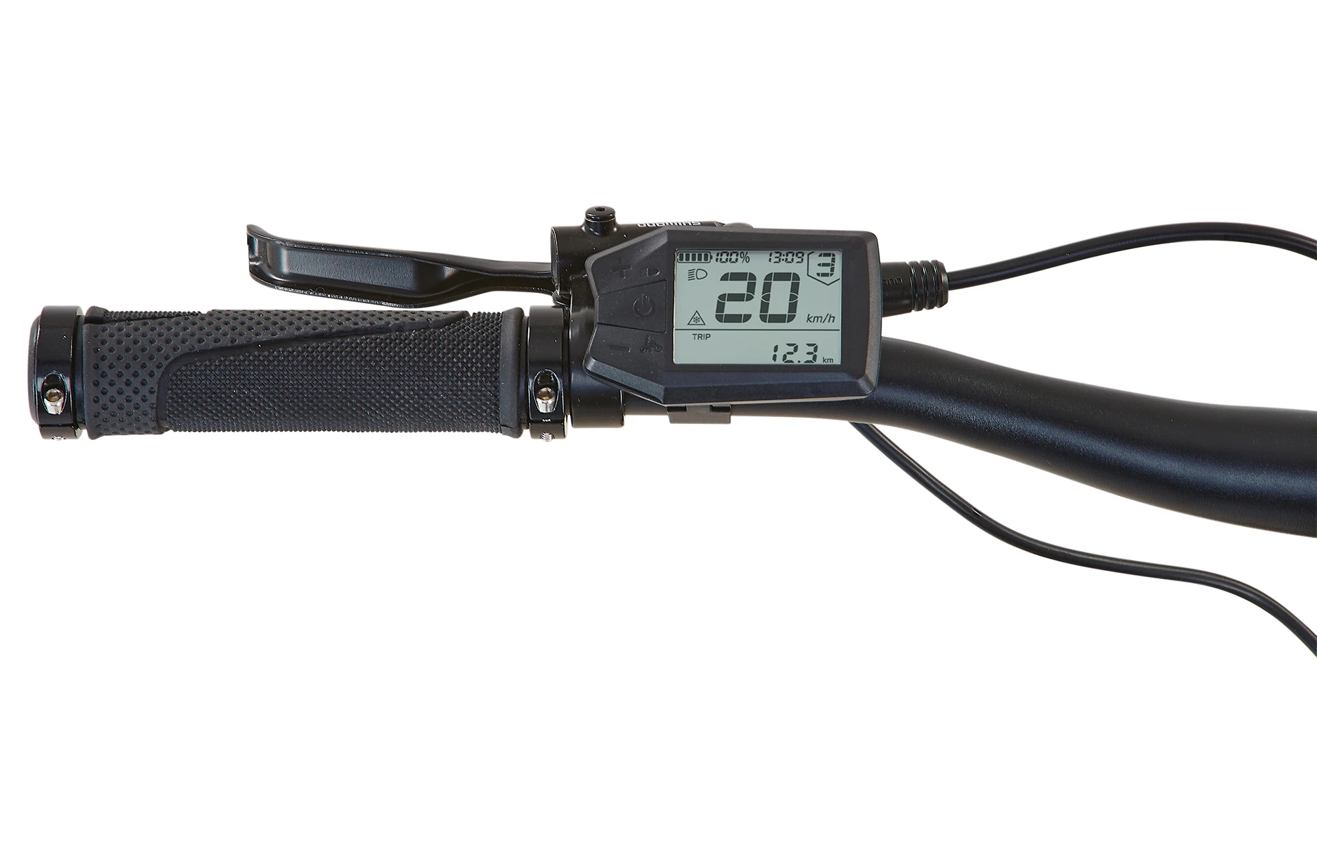 Bildausschnitt Detailansicht LCD-Display am Lenker mit Griff und Bremse vor weißem Hintergrund