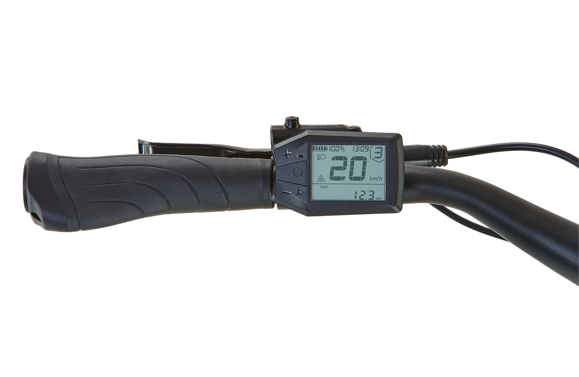 Bildausschnitt linker Lenkergriff mit Bremshebel, LCD-Display mit Bedieneinheit und Bowdenzügen