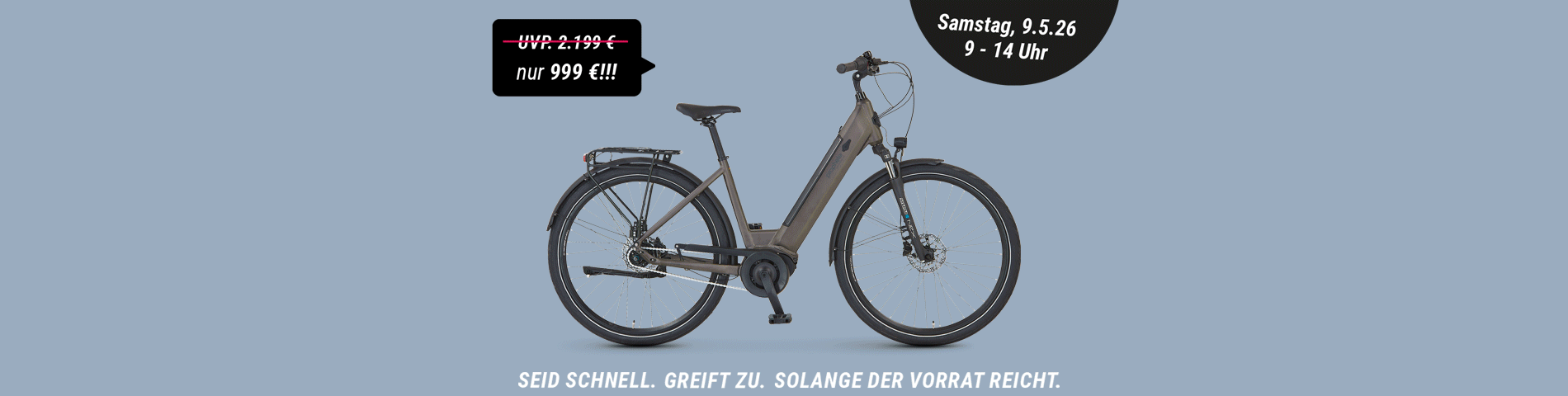 Werbebanner Prophete E‑Bike Geniesser 3.3 beim E‑Bike Sonderverkauf mit Preisreduzierung auf 999 Euro und Termin‑Hinweis