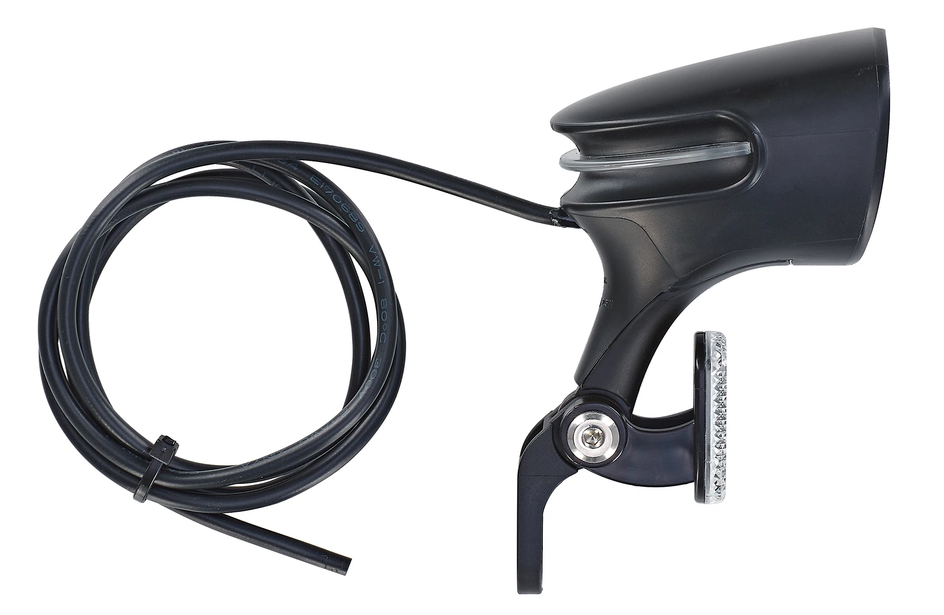 Scheinwerfer mit Reflektor und Kabel - seitliche Ansicht auf weißem Grund