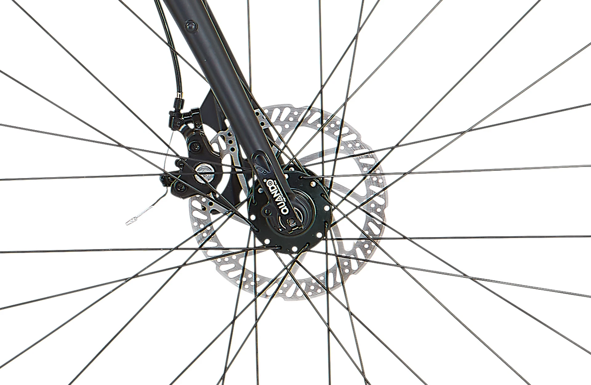 Bildausschnitt Detailansicht Vorderrad im Anschnitt mit Scheibenbremse vor weißem Hintergrund