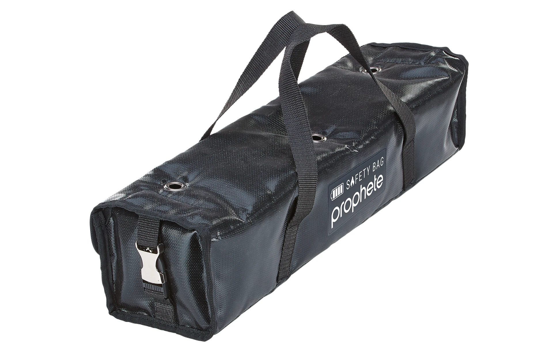 Prophete Tasche für Akkus mit Griff und Schnallen diagonal fotografiert vor weißem Hintergrund