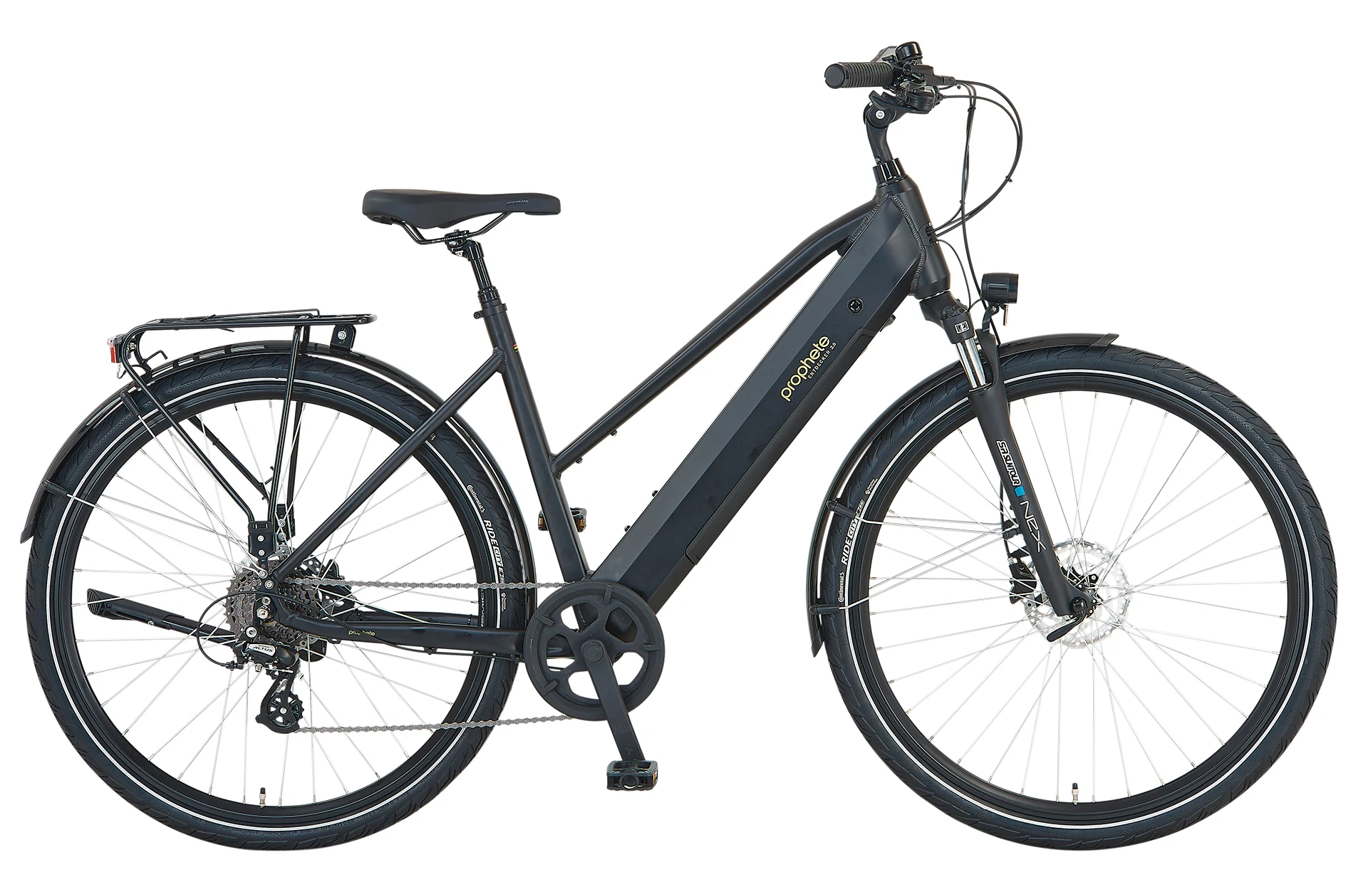 Vollansicht seitlich Prophete Entdecker 2.0 Trekking E-Bike mit vollintegriertem Akku im Trapezrahmen vor weißem Hintergrund
