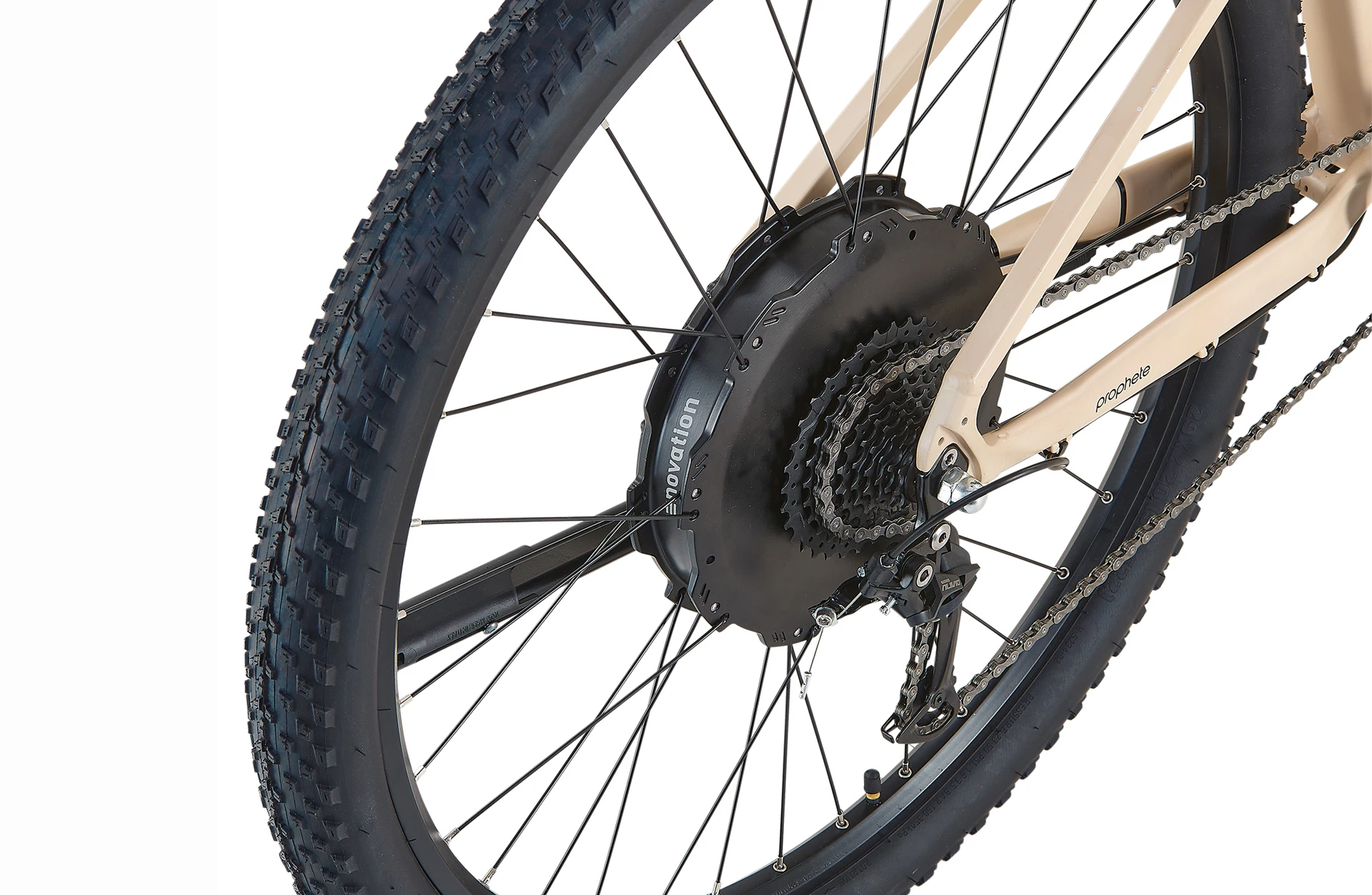 Schwarzer Hinterradnabenmotor samt Kette, Kassette und Scheibenbremse an beigem Prophete DICE E-MTB