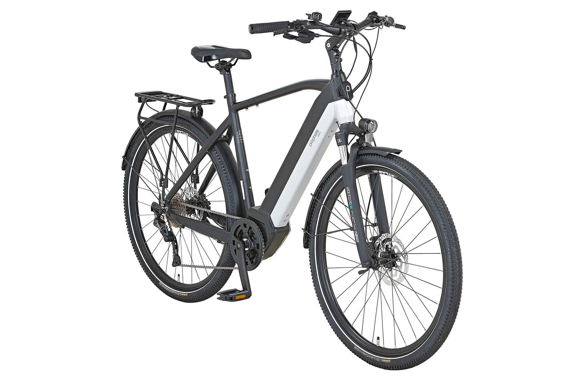 Vollansicht diagonal Prophete Entdecker 5.0 Trekking E-Bike mit vollintegriertem Akku im Diamantrahmen vor weißem Hintergrund