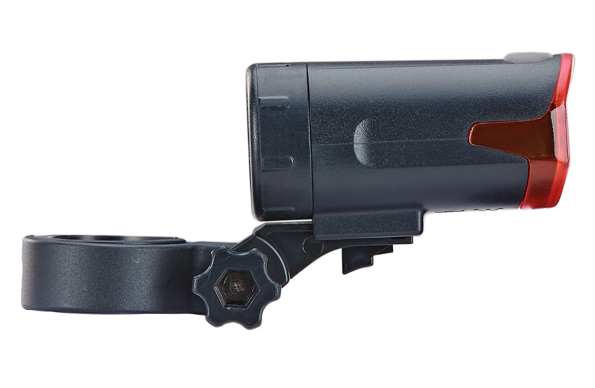 Rücklicht rot mit grauem Knopf und Befestigung - seitliche Ansicht auf weißem Grund