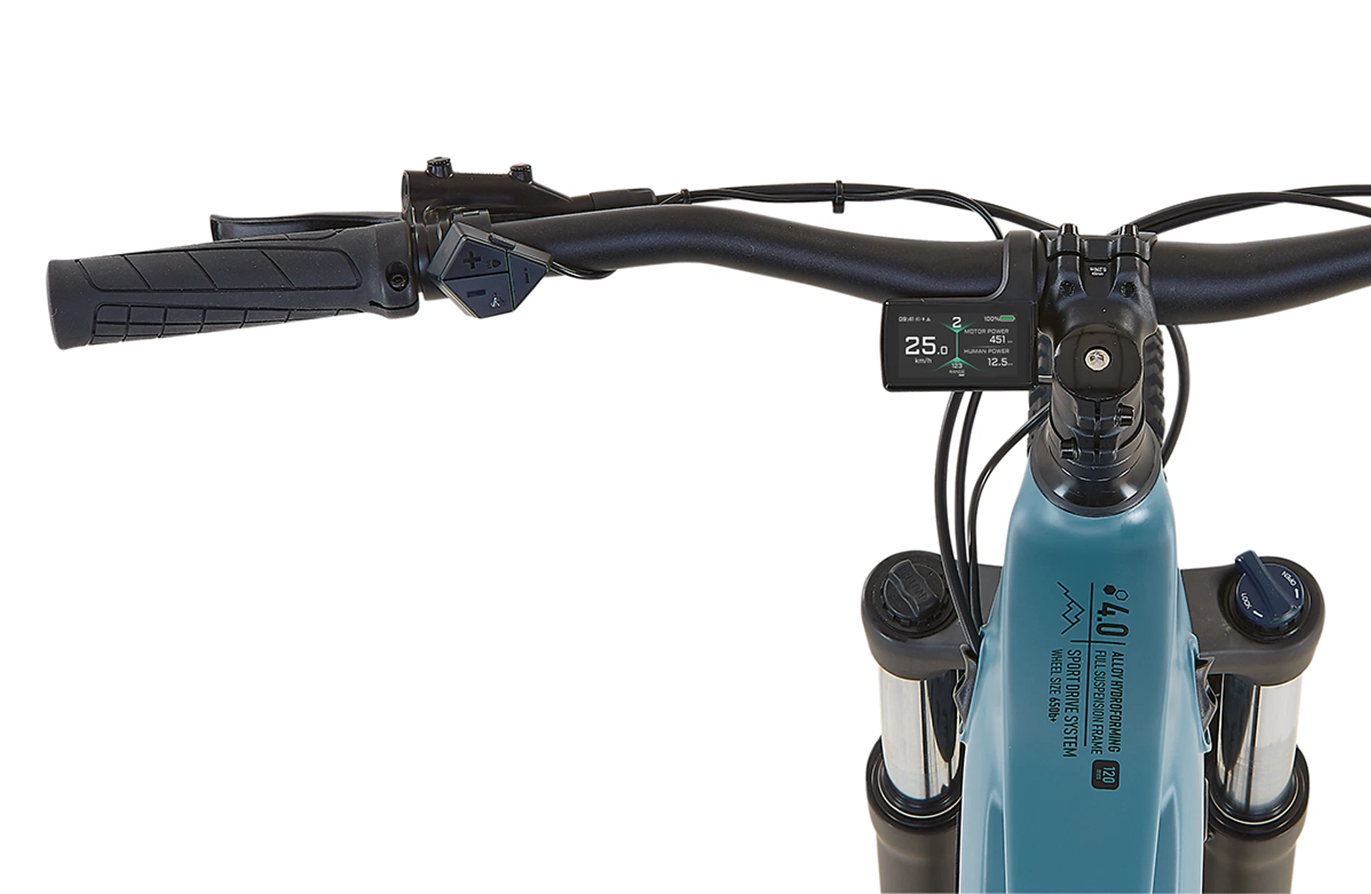 Bildausschnitt Lenker, Vorbau und Oberrohr mit Logo und Beschriftung, Bedieneinheit und TFT Display (vollfarbig) vor weißem Hintergrund