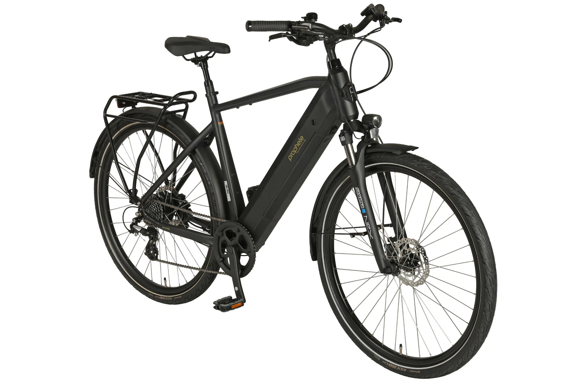 Entdecker 2.0 schwarz Trekking E-Bike Diamantrahmen - diagonale Ansicht auf weißem Grund
