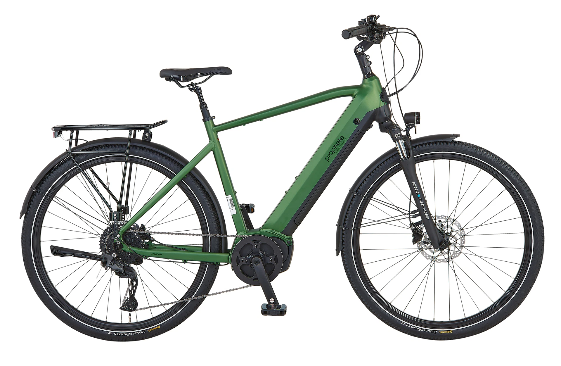 Vollansicht seitlich Prophete Entdecker 4.9 Trekking E-Bike mit vollintegriertem Akku im Diamantrahmen vor weißem Hintergrund