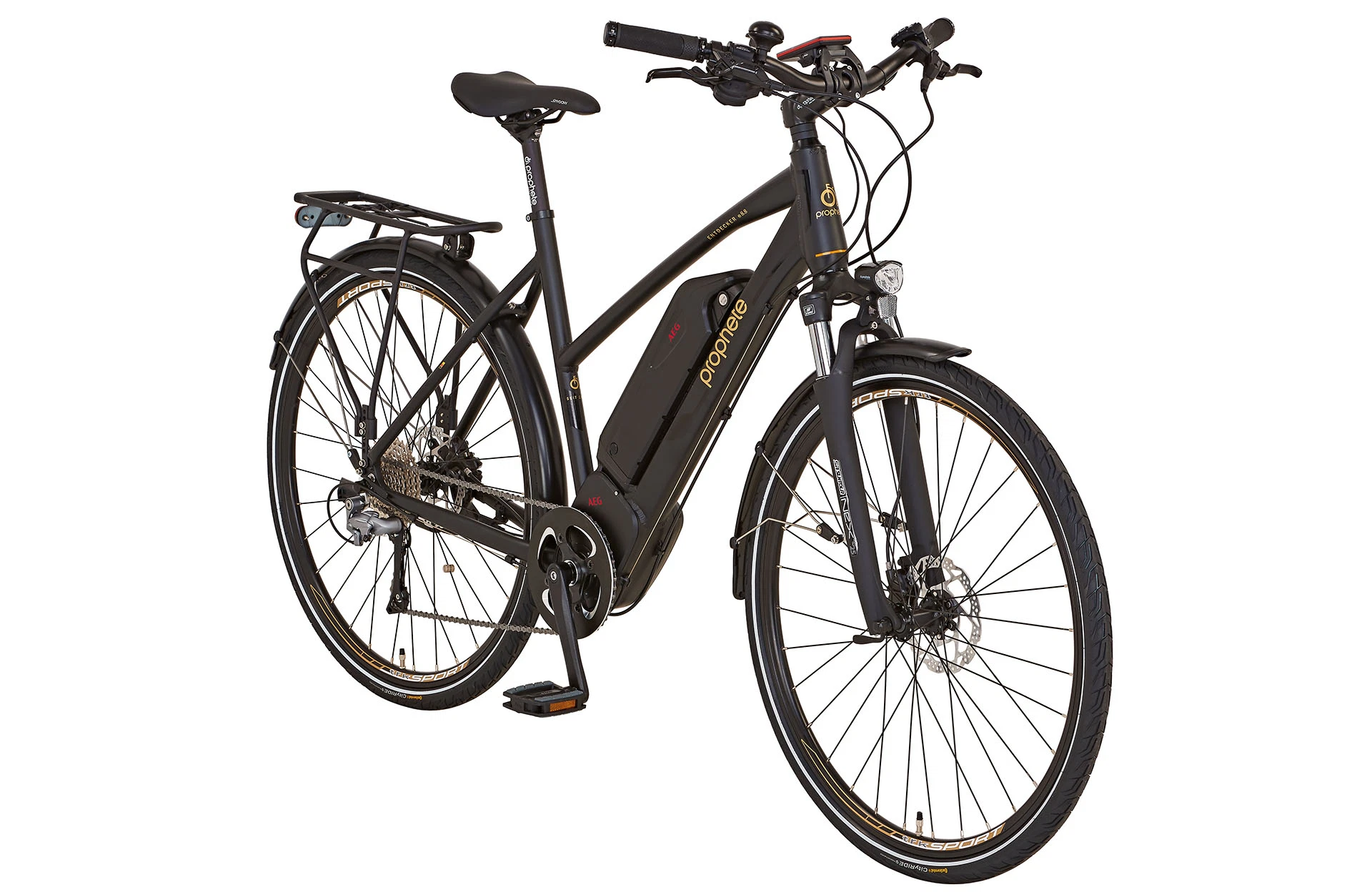 Vollansicht diagonal Prophete Entdecker eSport Trekking E-Bike mit Trapezrahmen vor weißem Hintergrund