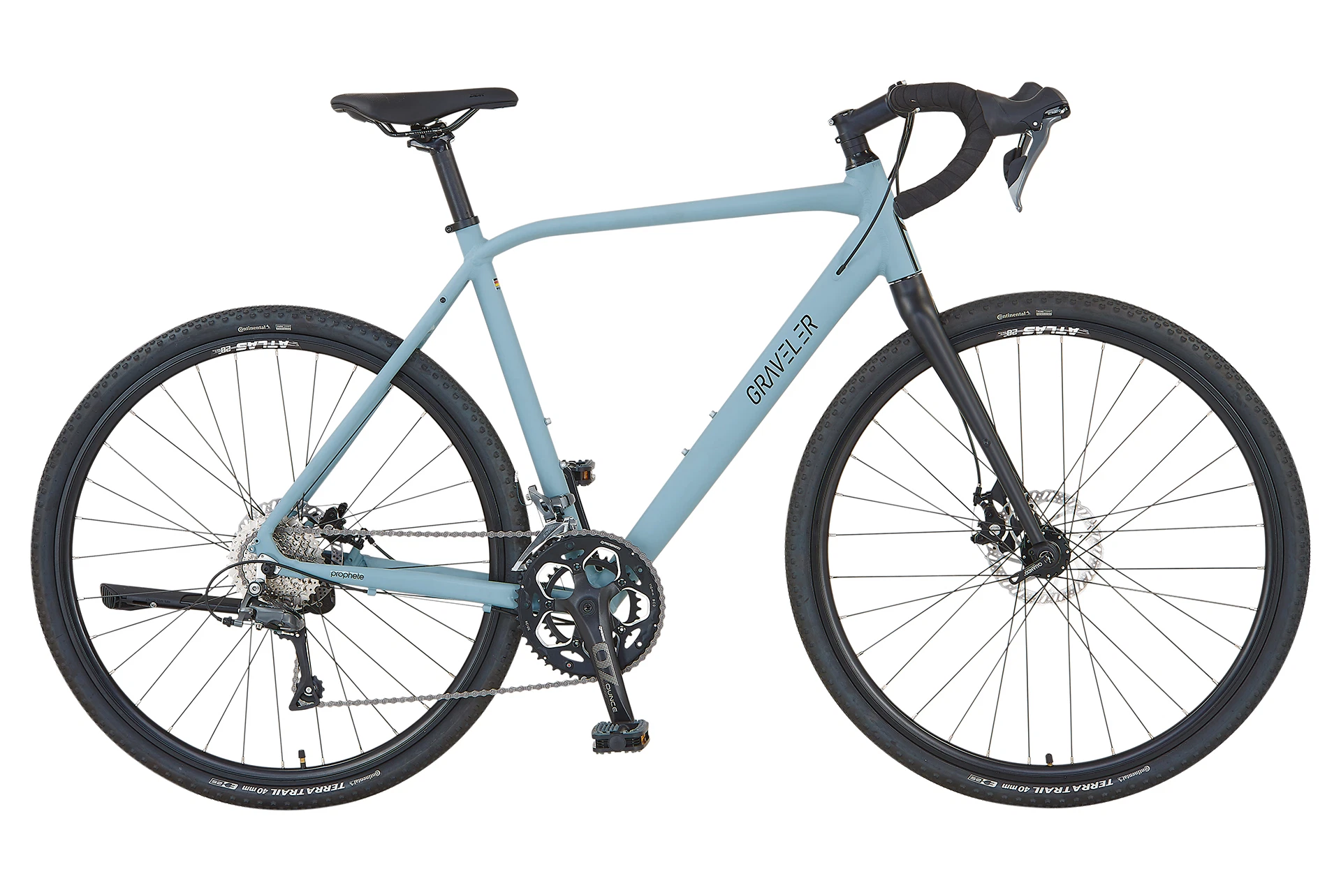 Vollansicht seitlich Prophete Graveler Bike mit Dropbar vor weißem Hintergrund
