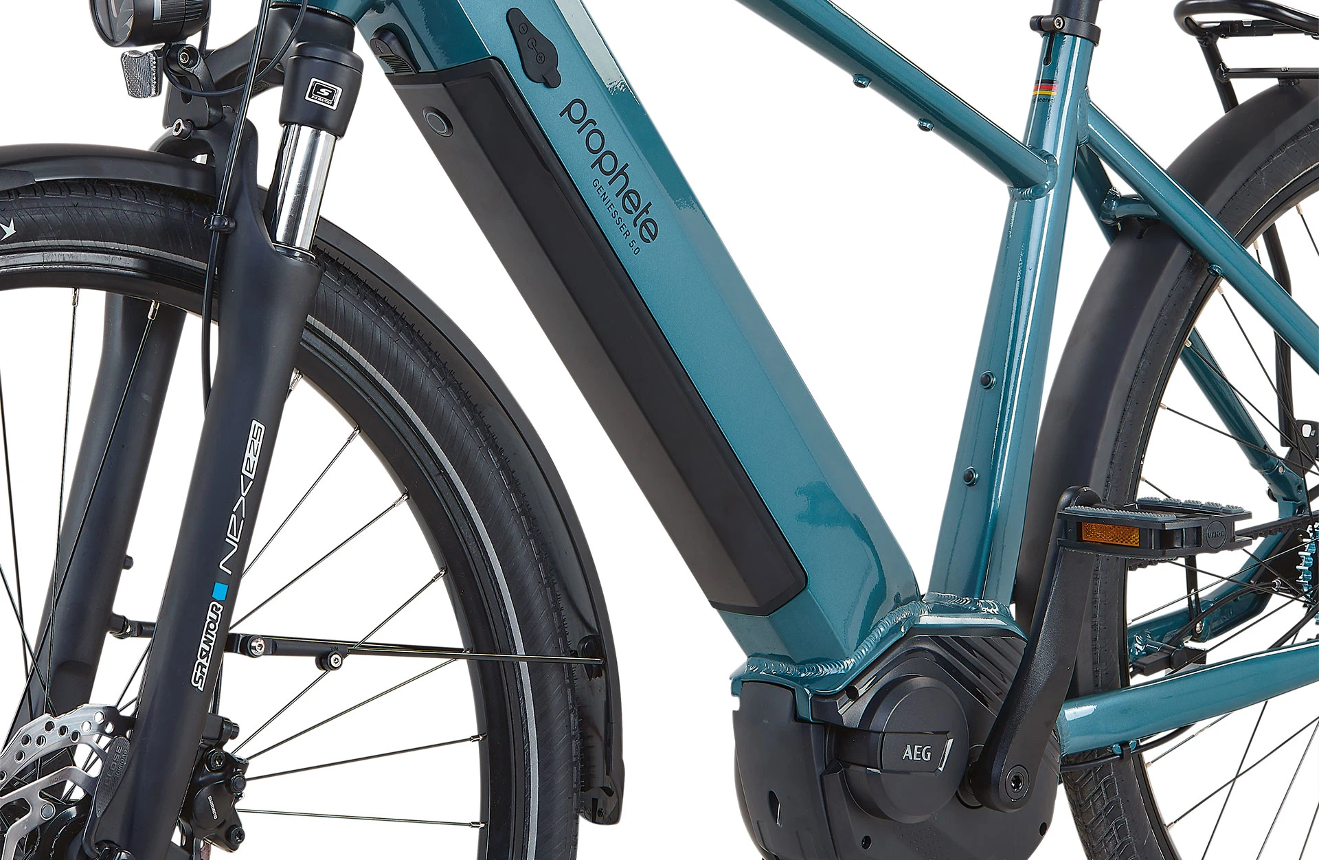 Geniesser 5.0 blau City E-Bike - Detailansicht Akku auf weißem Grund