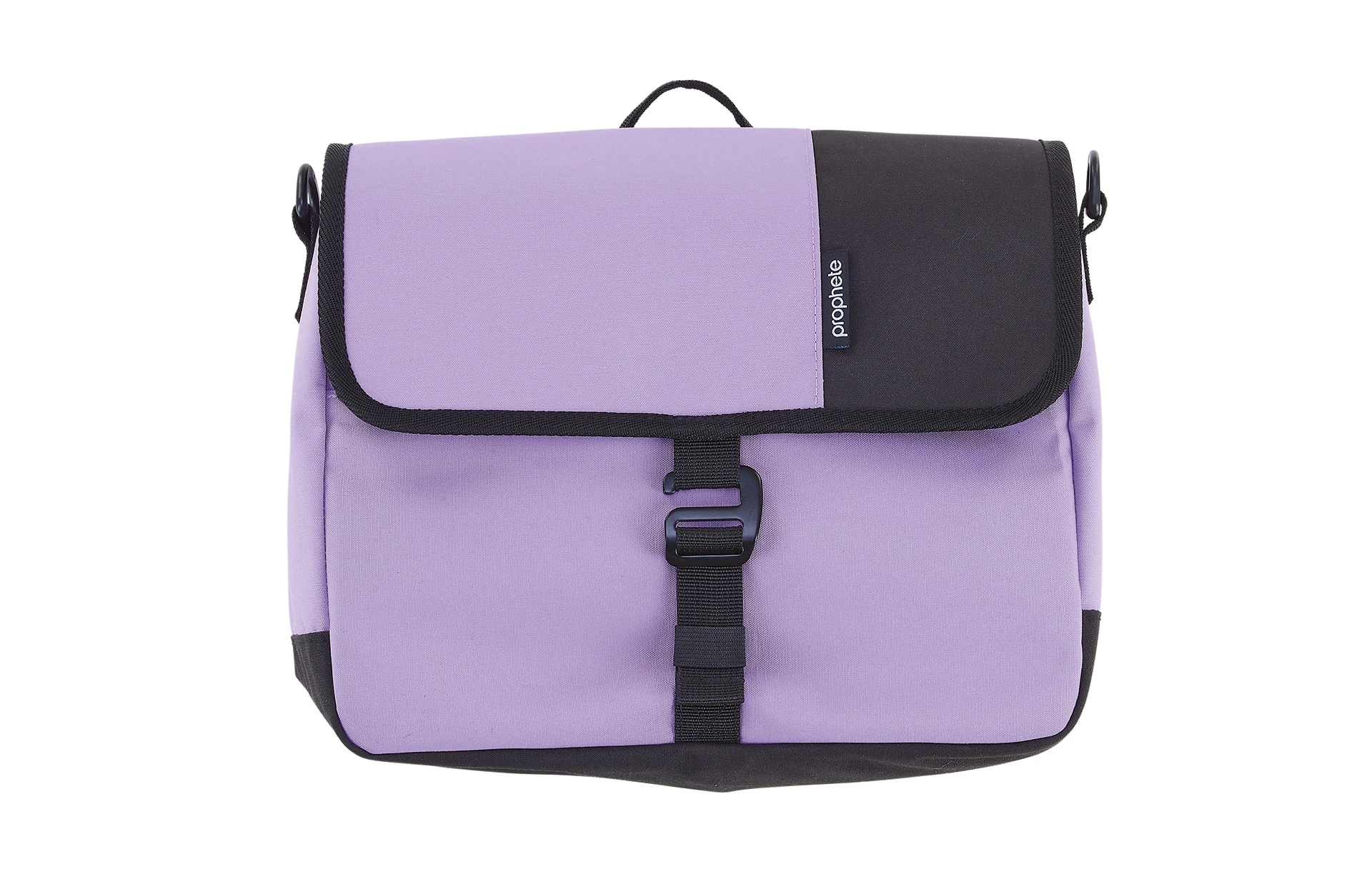 Vollansicht frontal Packtasche in lila mit schwarzen Applikationen vor weißem Hintergrund