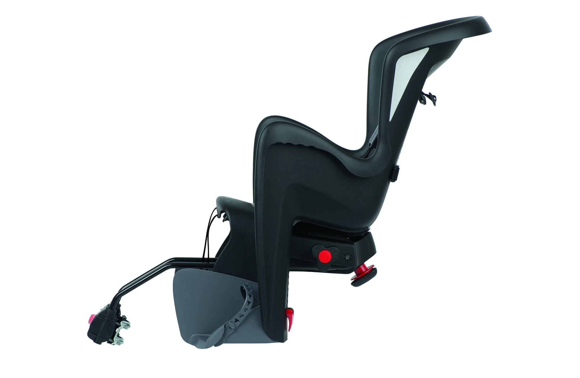 Polisport Bilby Kindersitz – Seitenansicht, sicherer 5-Punkt-Gurt und Sattelrohrbefestigung