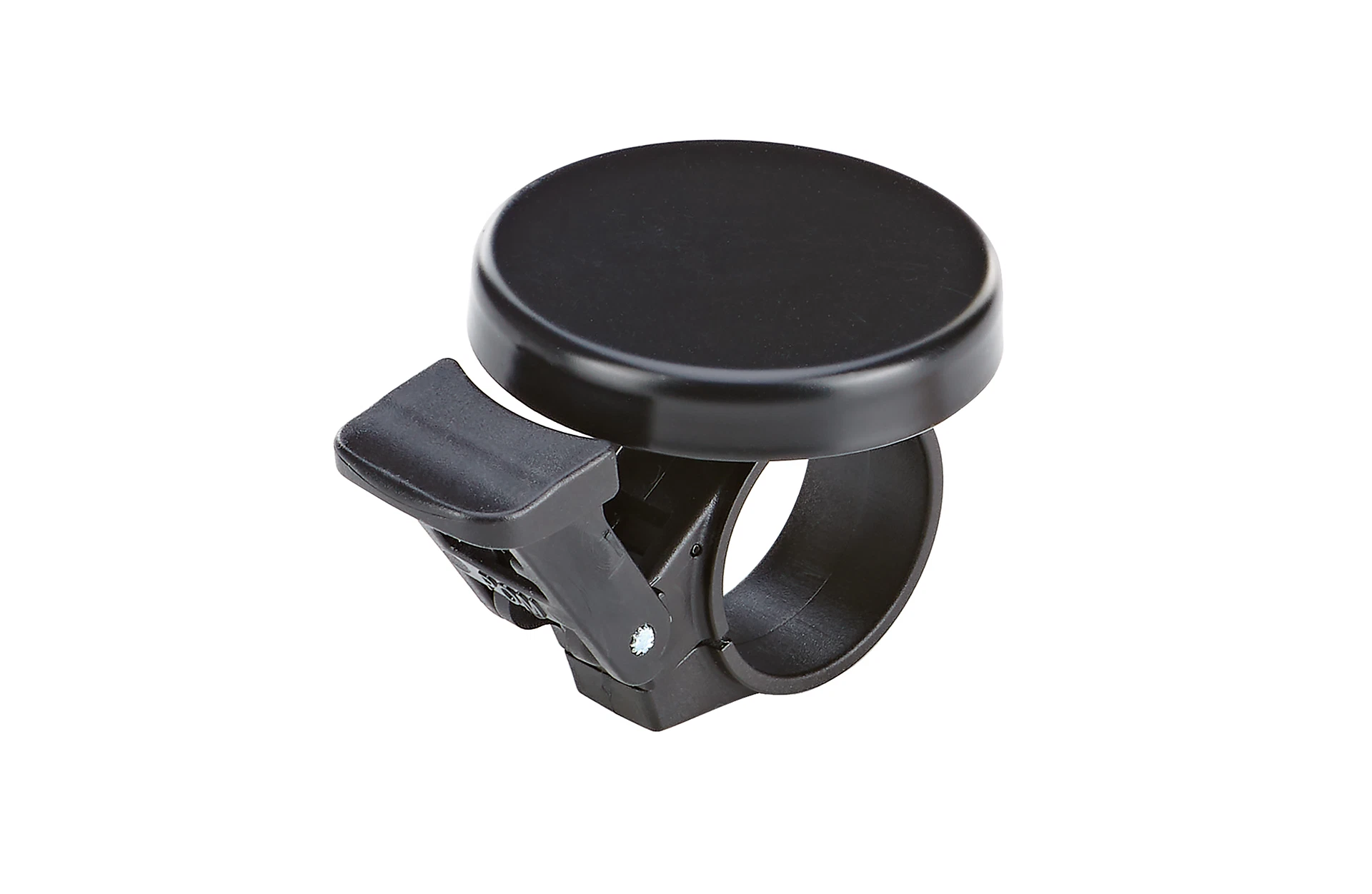 Klingel schwarz mit flacher Glocke - diagonale Ansicht auf weißem Grund