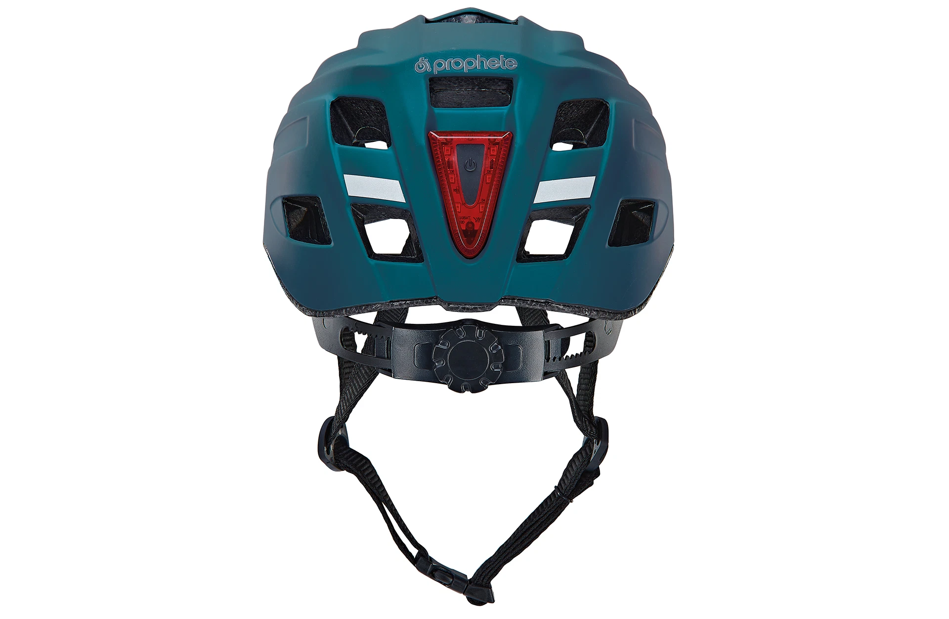 Fahrradhelm türkis mit Licht - Ansicht von hinten auf weißem Grund
