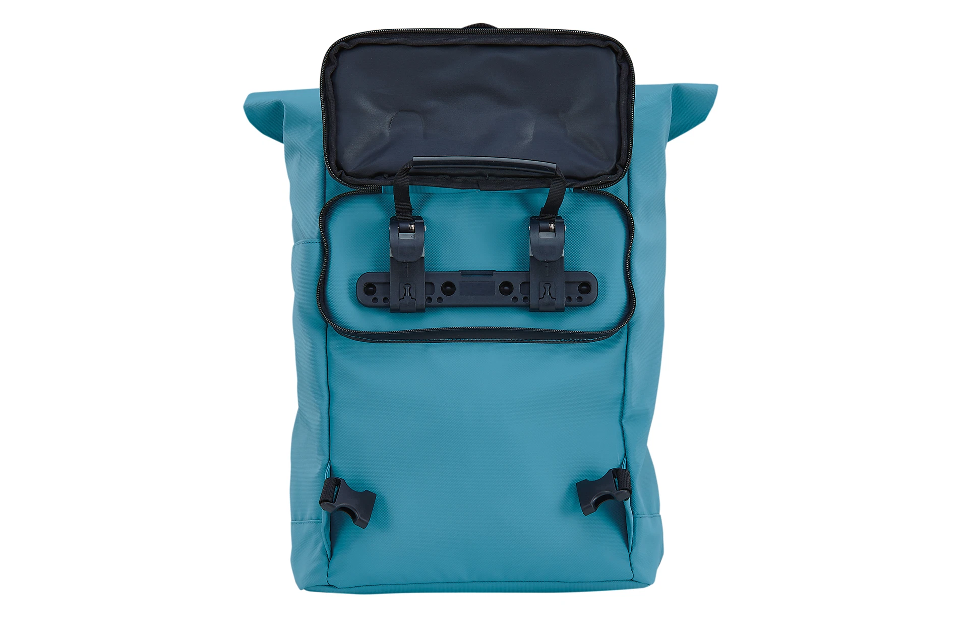 Vollansicht von hinten Prophete 2-in-1 Seitenpacktasche geschlossen mit Packtaschenhalterung in petrolblau vor weißem Hintergrund