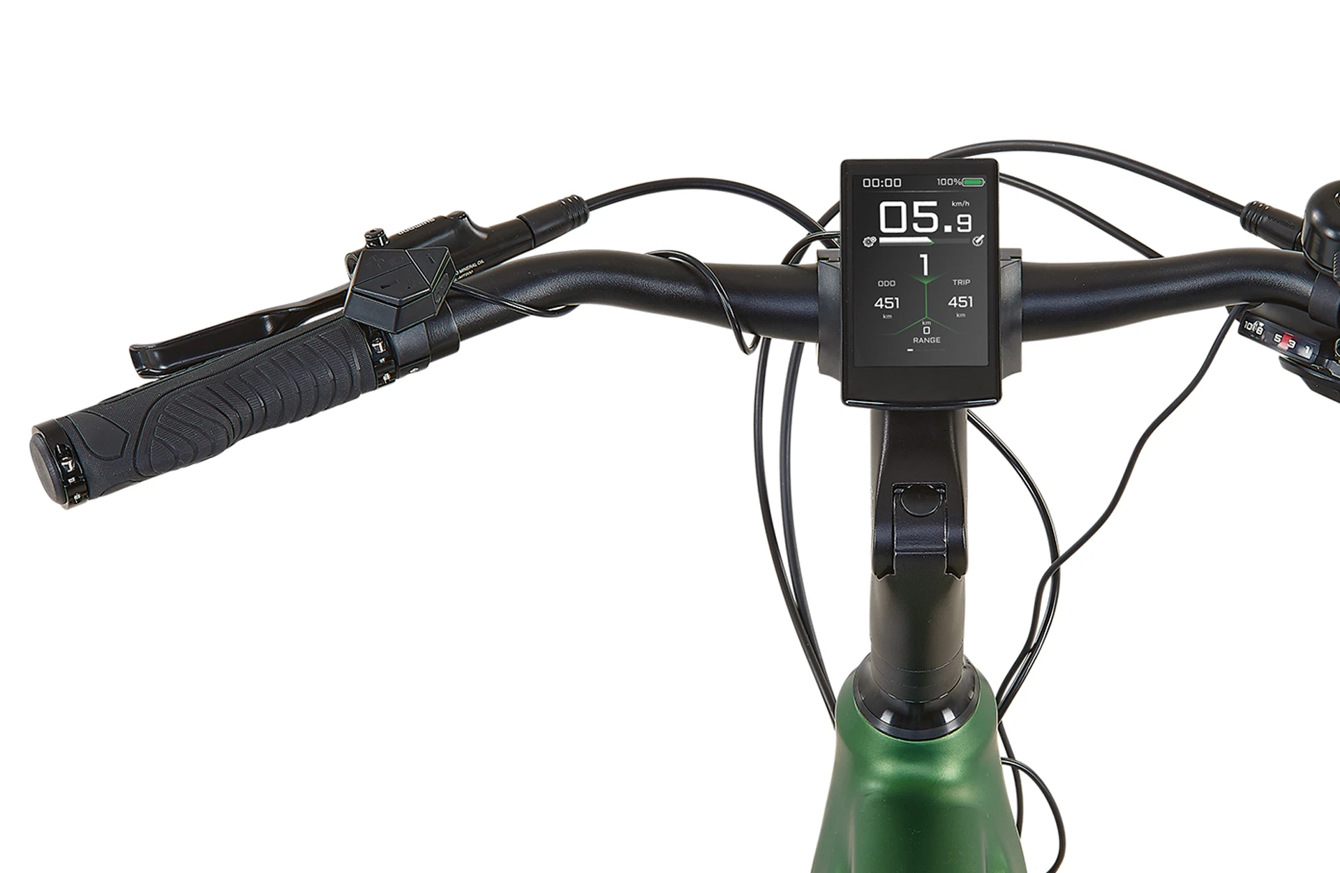 Bildausschnitt Detailansicht Lenker mit vollfarbigem TFT-Display (angeschaltet) vor weißem Hintergrund