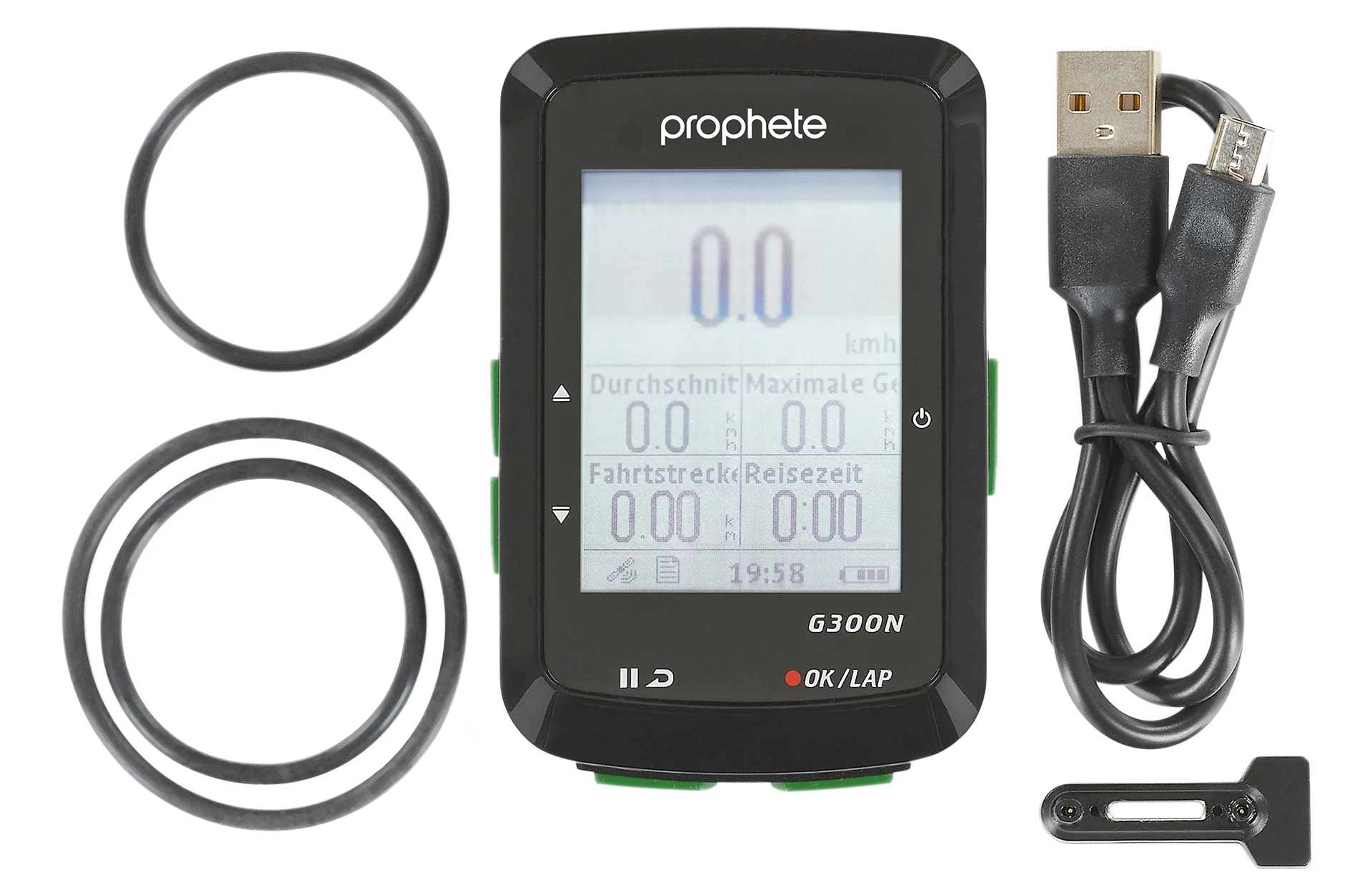 Fahrradnavi mit Befestigung und Ladekabel - Ansicht von oben auf weißem Grund