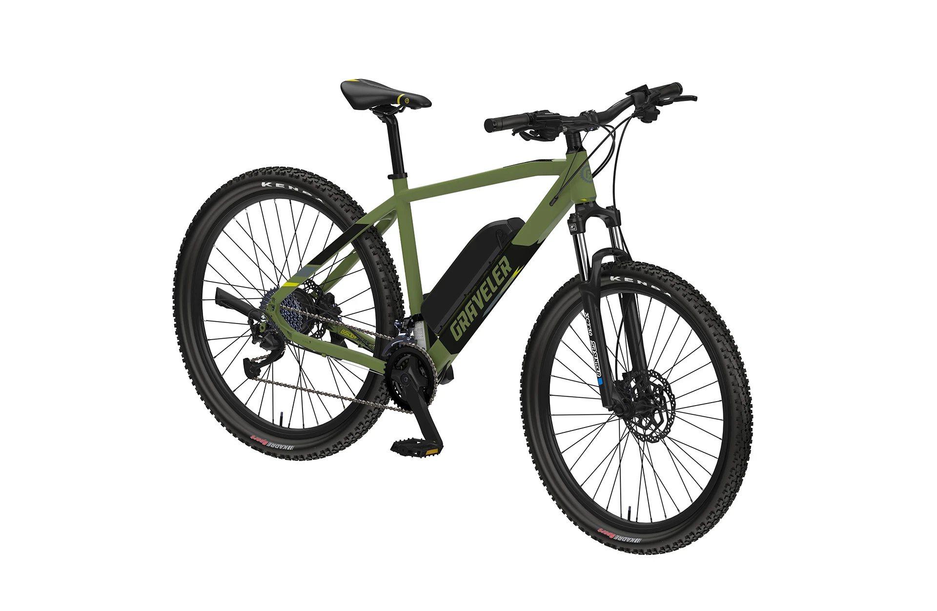 Vollansicht diagonal Prophete Graveler E-MTB mit Hardtail Rahmen vor weißem Hintergrund