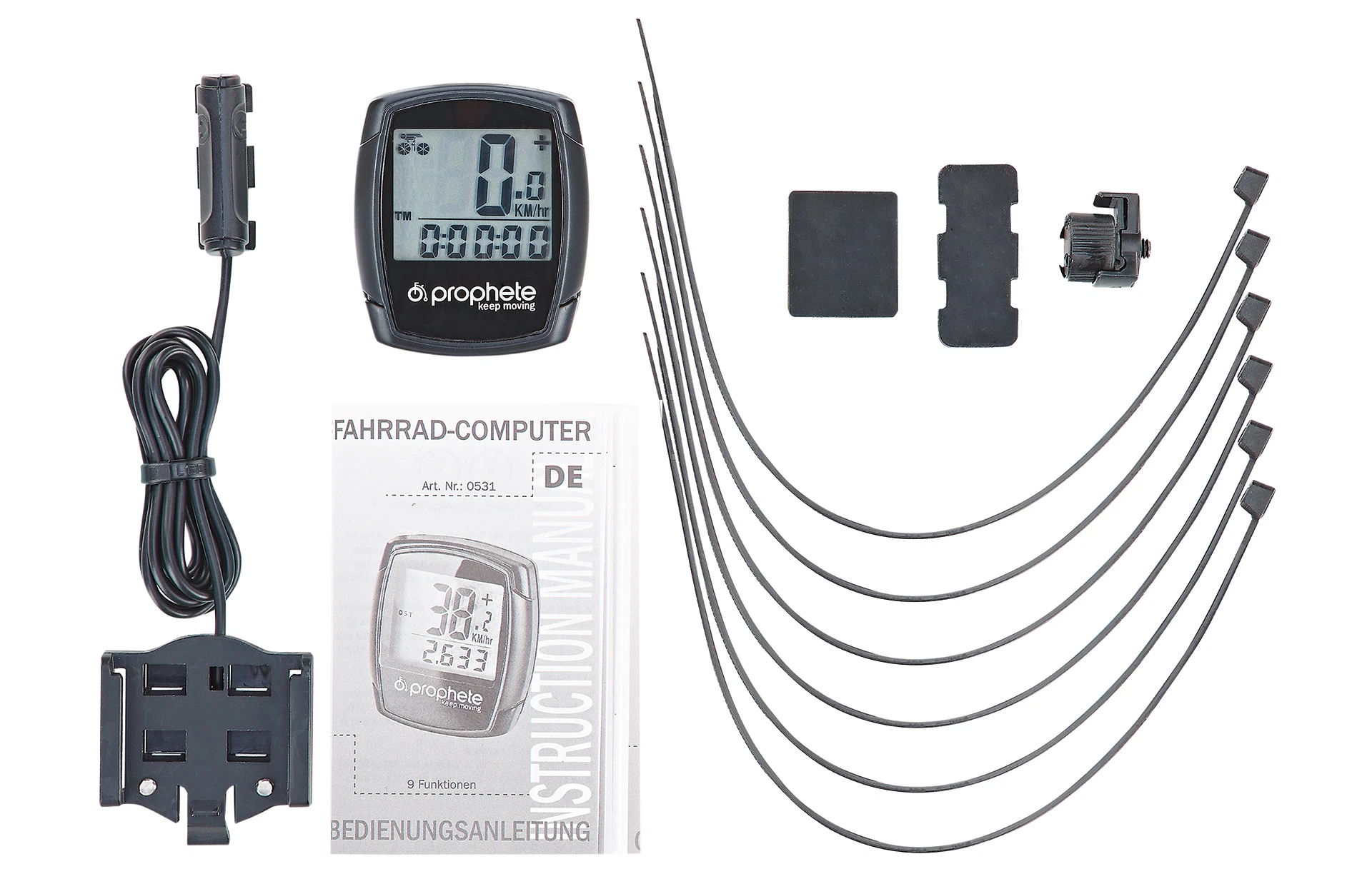 Fahrradcomputer Prophete mit Zubehör - Ansicht von oben auf weißem Grund