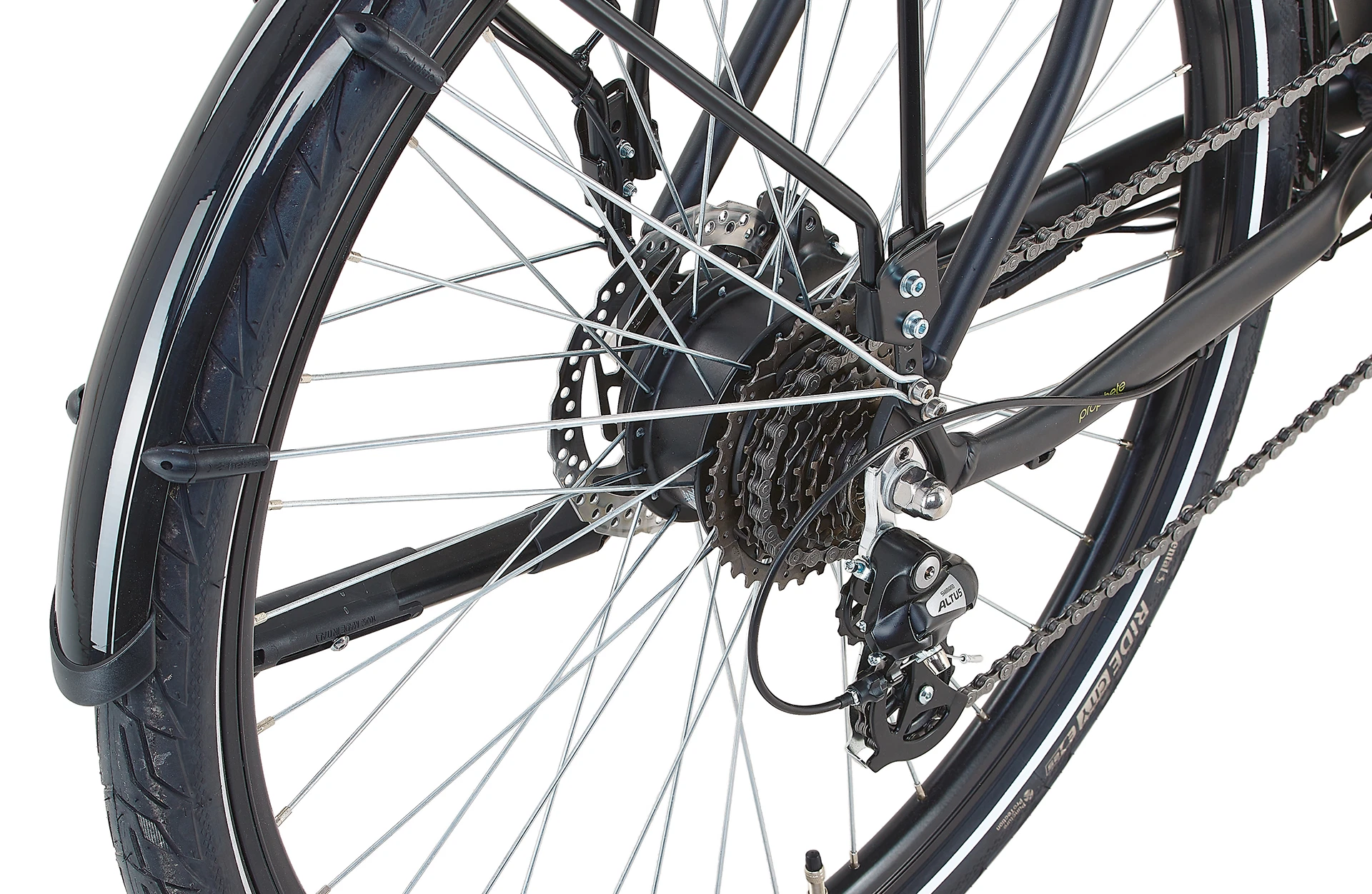 Bildausschnitt Hinterrad mit Heckmotor von enovation, Bereifung von Continental Ride City, Kassette, Schaltwerk und Scheibenbremse vor weißem Hintergrund