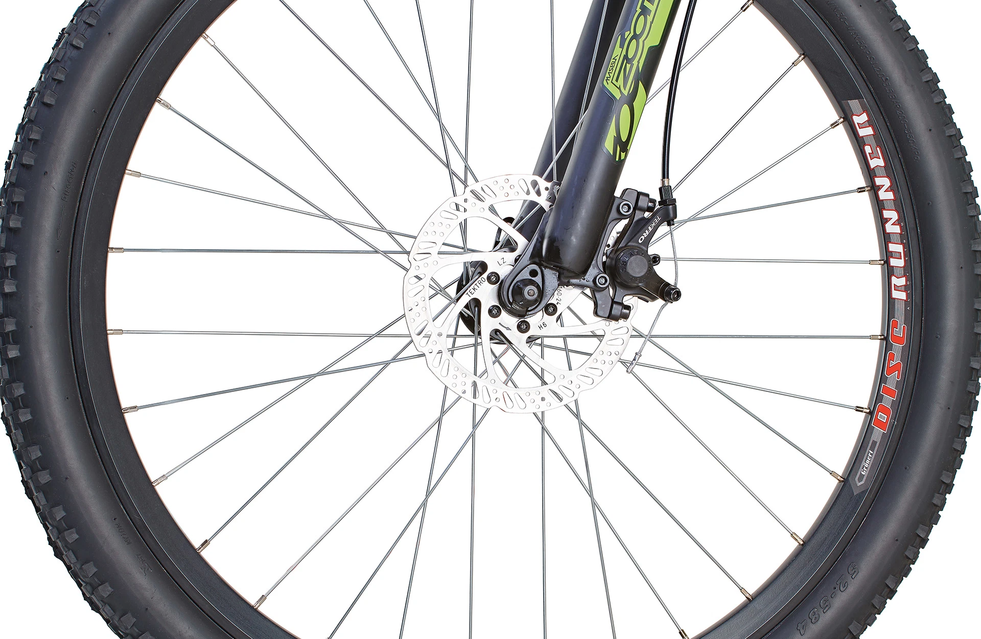 Bildausschnitt Detail von Scheibenbremse am Vorderrad mit Kenda Bereifung