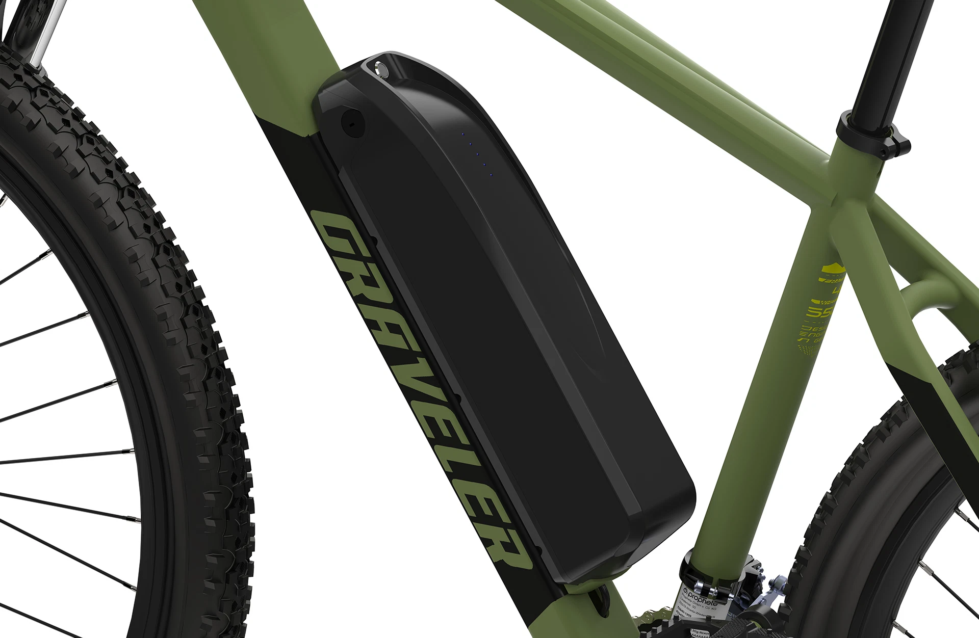 Bildausschnitt Detailansicht Akku am Unterrohr vor weißem Hintergrund