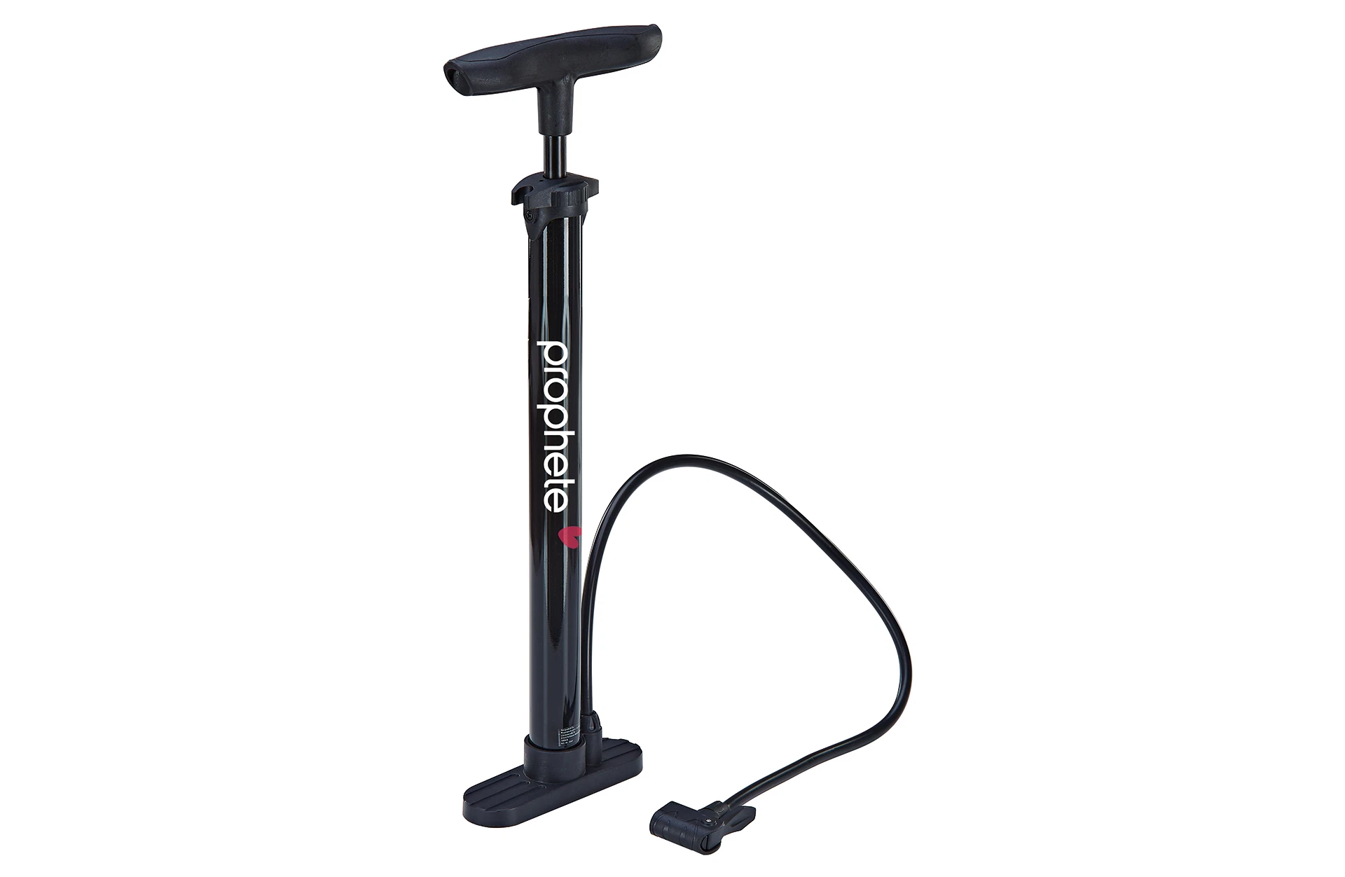 Standluftpumpe schwarz mit Prophete Schriftzug - diagonale Ansicht auf weißem Grund
