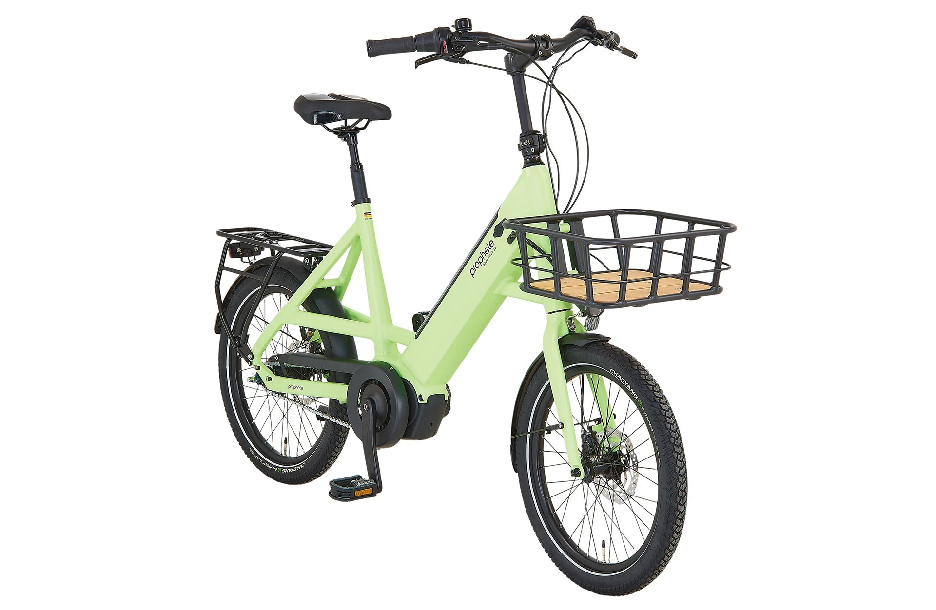 Diagonalansicht Prophete Urbanicer 3.0 E-Lastenrad mit Frontträger und vollintegriertem Akku