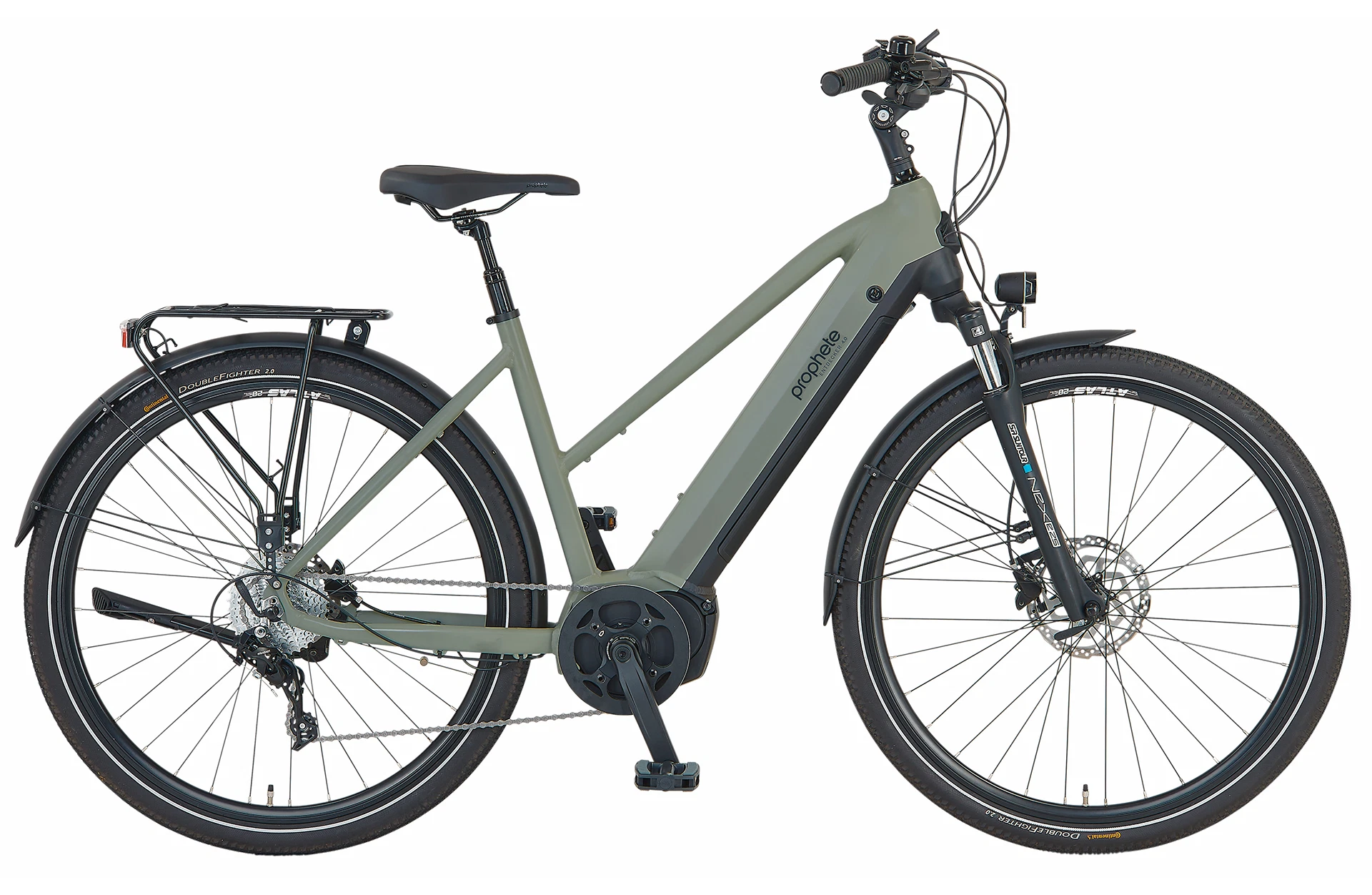 Vollansicht seitlich Prophete Entdecker 4.0 Trekking E-Bike mit vollintegriertem Akku im Trapezrahmen vor weißem Hintergrund