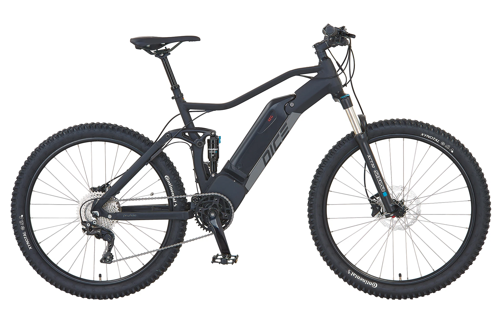 Vollansicht seitlich Prophete DICE E-MTB Fully mit Akku am Unterrohr vor weißem Hintergrund