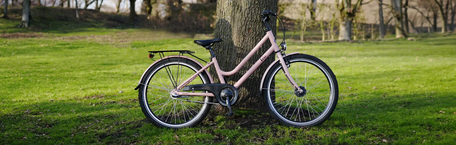 Kinderfahrrad im Außenbereich vor einem Baum auf einer Wiese abgestellt