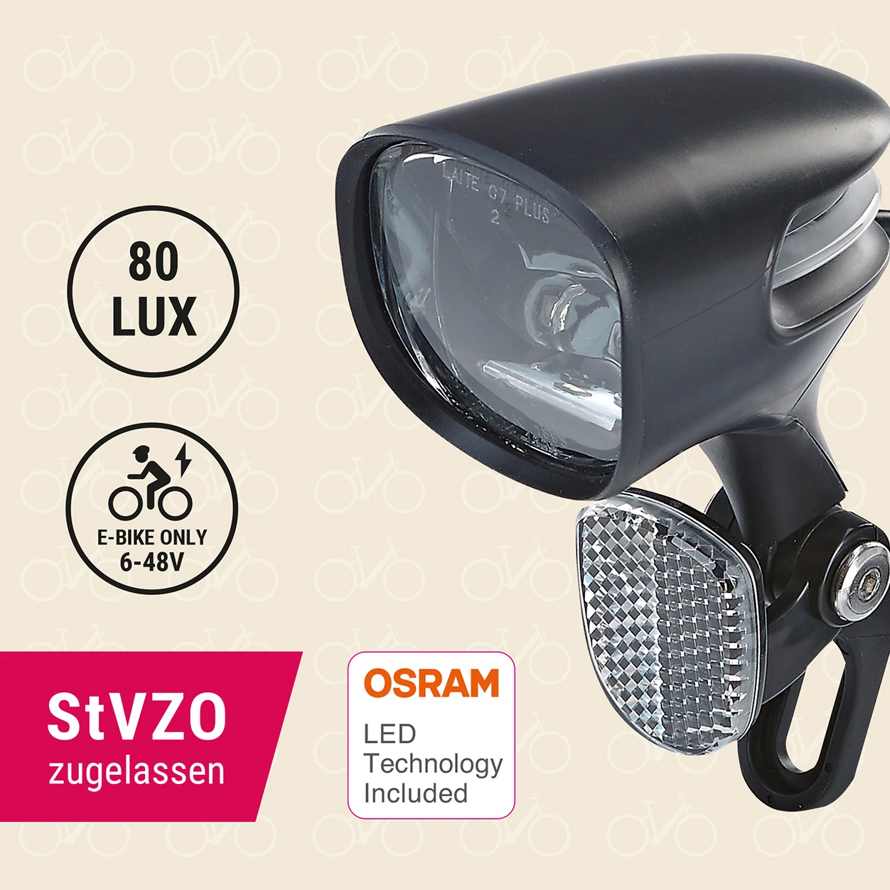 E-Bike Scheinwerfer 80 LUX StVZO zugelassen mit Osram LEDs - diagonale Ansicht